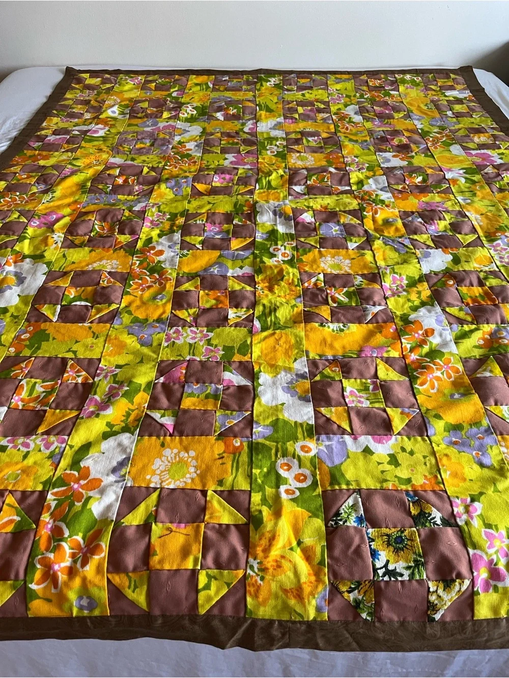 Vintage Vibrant Floral Patchwork Quilt Mid-Century Colors Yellow & Brown 64x80